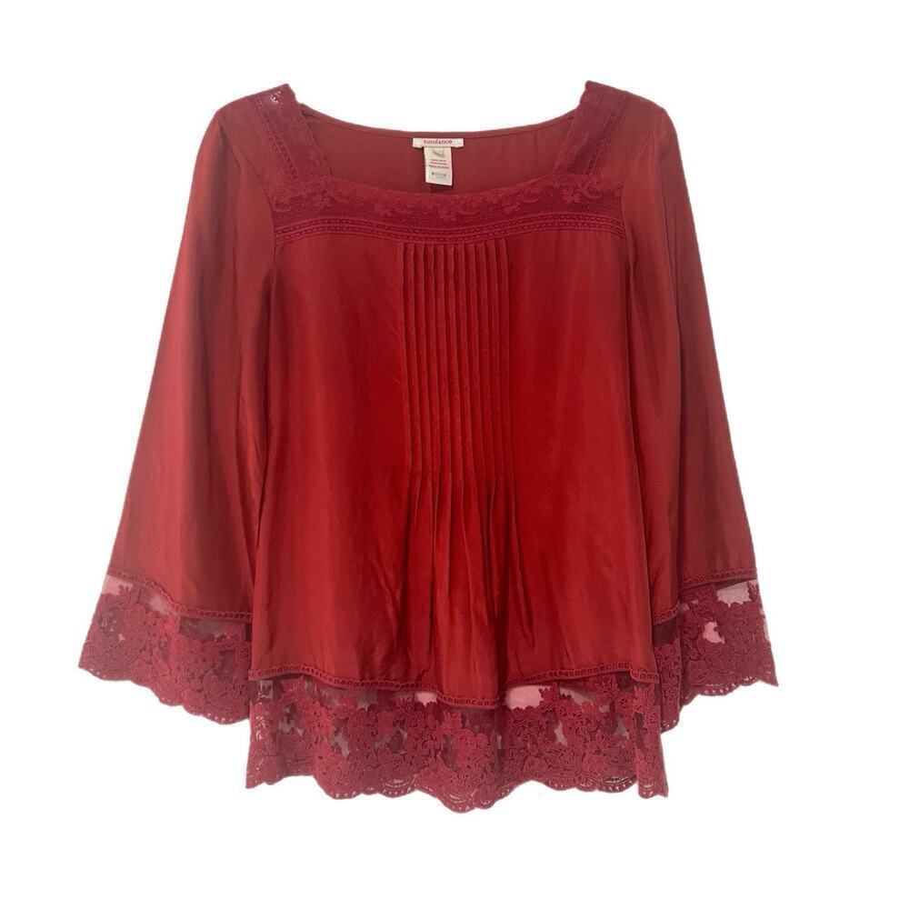 Sundance Tunic Top Women Size S Petite Maroon 100% Silk Lace Trim Boho Hippie